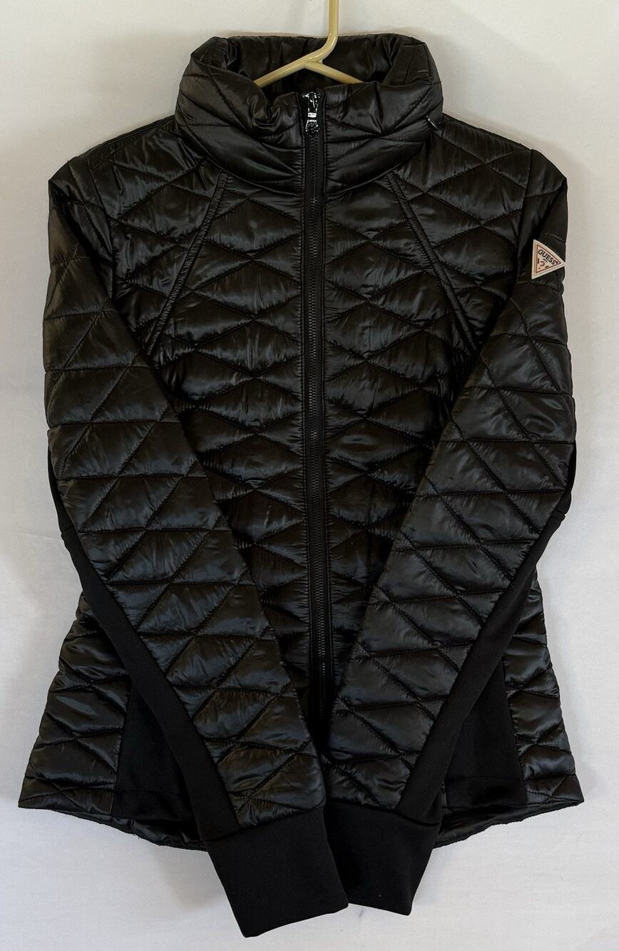 Guess Women’s Small Black Quilted Packable Puffer Jacket Zip Stretch Panels A124